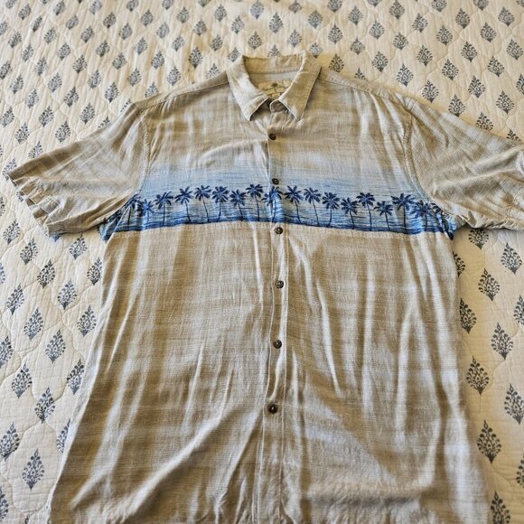 Island Shores XL Beige & Blue Palm Rayon Hawaiian Shirt - Picture 9 of 11